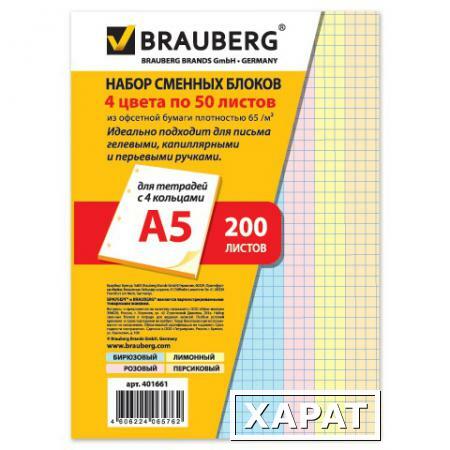 Фото Сменный блок BRAUBERG (БРАУБЕРГ) к тетради на кольцах, 200 л. (4 цвета по 50 л.), А5, 145х202 мм
