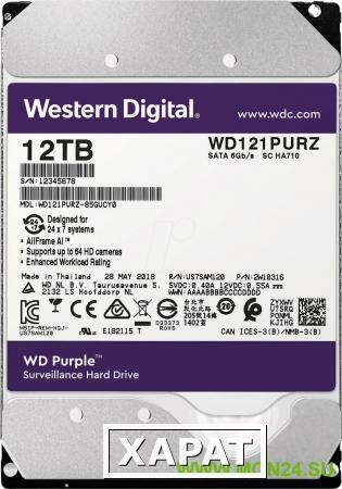 Фото HDD 12000 GB (12 TB) SATA-III Purple (WD121PURZ): Жесткий диск (HDD) для видеонаблюдения