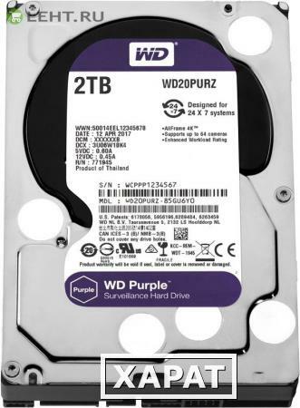 Фото HDD 2000 GB (2 TB) SATA-III Purple (WD20PURZ): Жесткий диск (HDD) для видеонаблюдения