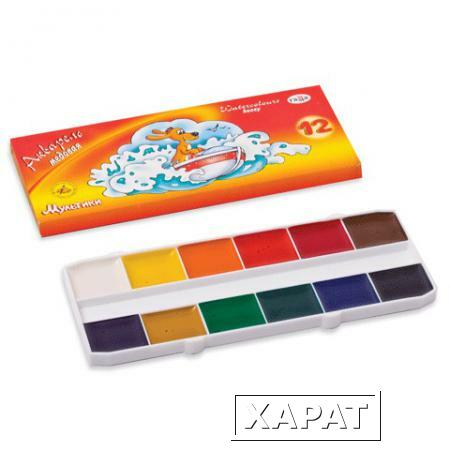 Фото Краски акварельные ГАММА "Мультики", 12 цветов, медовые, картонная коробка, без кисти