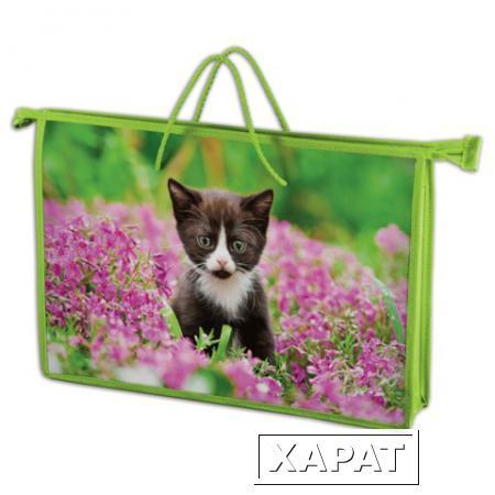 Фото Папка-сумка BRAUBERG (БРАУБЕРГ) на молнии с веревочными ручками, А4, пластик, для девочек, котенок