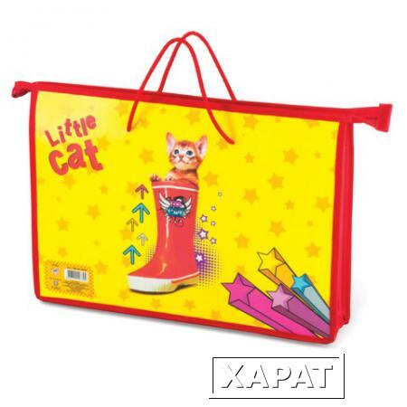 Фото Папка-сумка на молнии с веревочными ручками, А4, пластик, для девочек, котенок