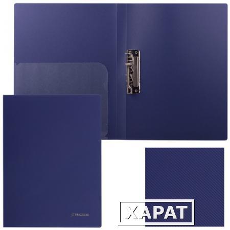 Фото Папка с боковым металлическим прижимом и внутренним карманом BRAUBERG (БРАУБЕРГ) "Диагональ", темно-синяя, до 100 листов, 0,6 мм