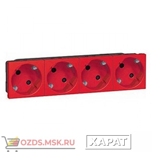 Фото LEGRAND 077424 Модуль розетки 4х2К+З, 8М, [Schuko] проходной (в короб), с мех.блок., красный, Mosaic