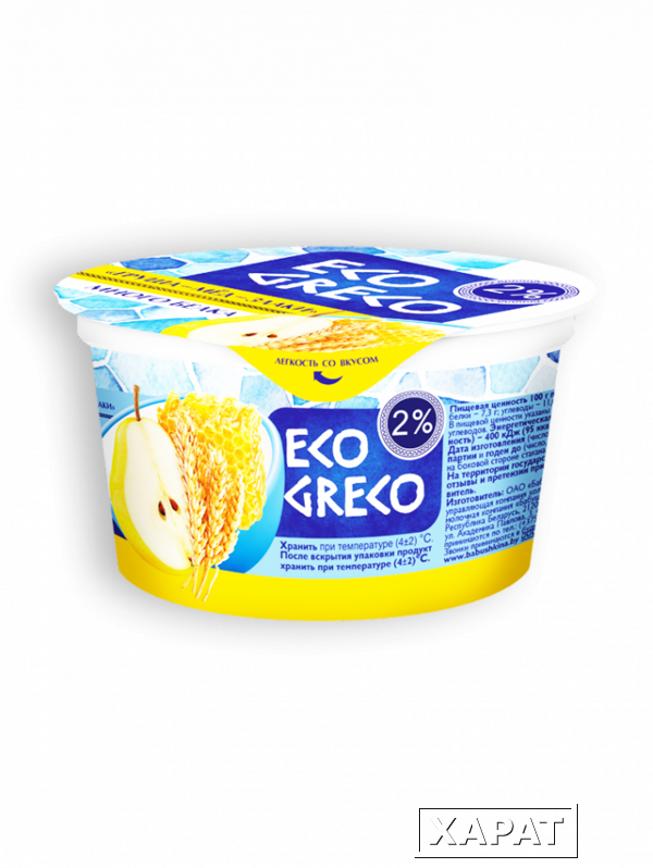 Фото Йогурт Eco Greco груша-мёд-злаки 2% 130г стакан