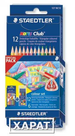 Фото Набор Staedtler: Карандаши цветные NorisClub трехгранные 12 цветов + фломастеры NC 326WP6 бесплатно