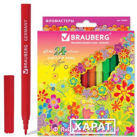 Фото Фломастеры BRAUBERG (БРАУБЕРГ) "Blooming flowers", 24 цвета, вентилируемый колпачок, картонная упаковка с радужной фольгой