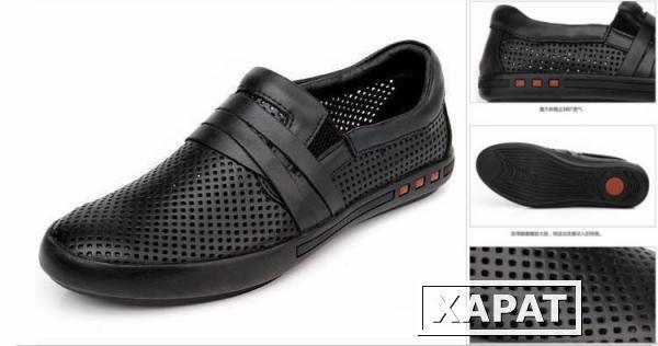 Фото Повседневные мужские летние полые отверстия дышащая обувь мода Корейский кожа ноги Англии бизнес кожа обувь черный