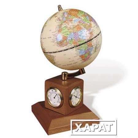 Фото Глобус на подставке с часами, термометром и гигрометром GALANT, цвет - орех, диаметр 90 мм