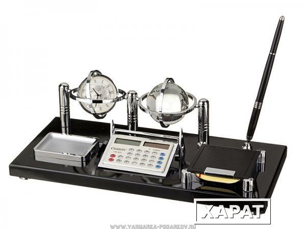 Фото Набор на стол руководителю : подставка длина 36 см. + ручка + часы + калькулятор + глобус