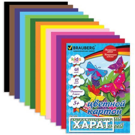 Фото Цветной картон, А4, двухсторонний, тонированный, склейка, 48 листов, 12 цветов, BRAUBERG (БРАУБЕРГ) "Kids series", 210х297 мм
