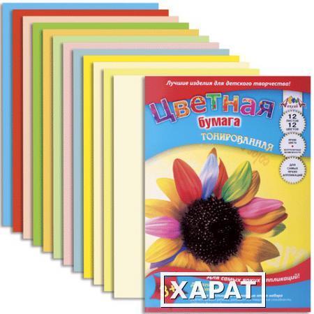 Фото Цветная бумага, А4, тонированная, 12 листов, 12 цветов, АППЛИКА, 220х300 мм