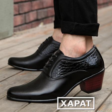 Фото Высокая мужская обувь высокий 6cm бизнес подходит для Англии корейской версии остроконечное кожаная обувь Мужская повседневная обувь Свадебная обувь волна