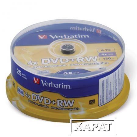 Фото Диск DVD+RW (плюс) VERBATIM, 4,7 Gb, 4x, 25 шт., Cake Box