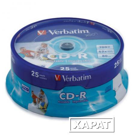 Фото Диск CD-R VERBATIM, 700 MB, 52x, Printable, 25 шт., Cake Box, с поверхностью для печати