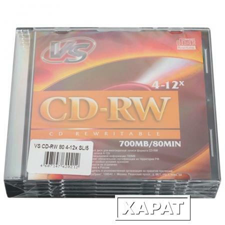 Фото Диски CD-RW VS, 700 Mb, 4-12x, Slim Case, комплект 5 шт.