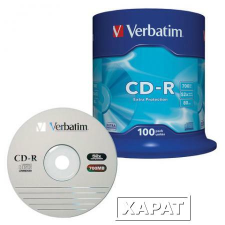 Фото Диски CD-R VERBATIM, 700 Mb, 52х, 100 шт., Cake Box