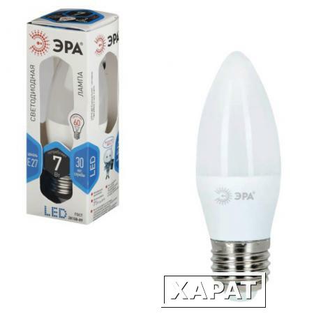 Фото Лампа светодиодная ЭРА, 7 (60) Вт, цоколь E27, "свеча", холодный белый свет, 30000 ч., LED smdB35-7w-840-E27