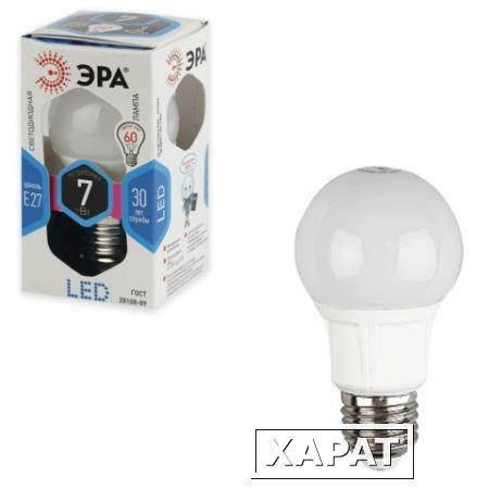 Фото Лампа светодиодная ЭРА, 7 (60) Вт, цоколь E27, грушевидная, холодный белый свет, 30000 ч., LED smdA60-7w-840-E27