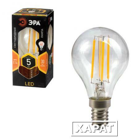 Фото Лампа светодиодная ЭРА, 5 (40) Вт, цоколь E14, шар, теплый белый свет, 30000 ч., F-LED Р45-5w-827-E14