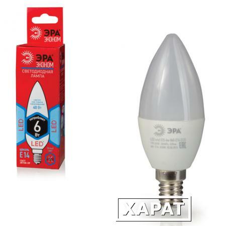 Фото Лампа светодиодная ЭРА, 6 (40) Вт, цоколь E14, "свеча", холодный белый свет, 25000 ч., LED smdB35-6w-840-E14ECO