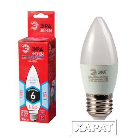 Фото Лампа светодиодная ЭРА, 6 (40) Вт, цоколь E27, "свеча", холодный белый свет, 25000 ч., LED smdB35-6w-840-E27ECO
