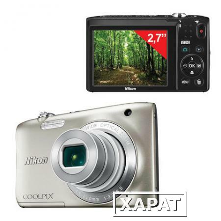 Фото Фотоаппарат компактный NIKON CoolPix А100, 20,1 Мп, 5x zoom, 2,7" ЖК-монитор, HD, серебристый