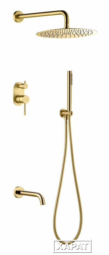 Фото Boheme Uno 464-2-G Смеситель встроенный + верхний+ ручной душ и изливом Uno. Gold