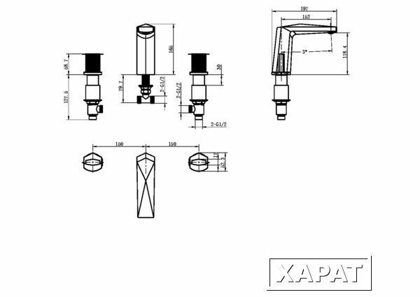 Фото Boheme Venturo 150-SGM-TOUCH Смеситель врезной на 3отв. Shine Gun Metall, ручка TOUCH