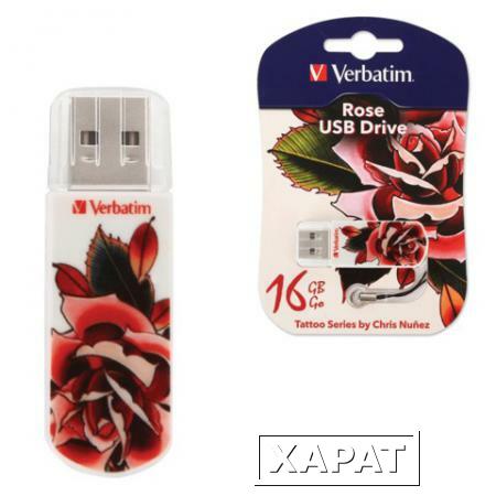 Фото Флэш-диск 16 GB, VERBATIM Mini Tattoo Edition Rose, USB 2.0, белый с рисунком