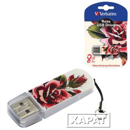 Фото Флэш-диск 8 GB, VERBATIM Mini Tattoo Edition Rose, USB 2.0, белый с рисунком