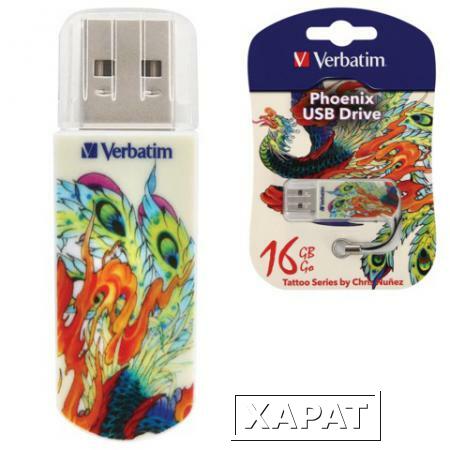 Фото Флэш-диск 16 GB, VERBATIM Mini Tattoo Edition Phoenix, USB 2.0, белый с рисунком