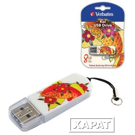 Фото Флэш-диск 8 GB, VERBATIM Mini Tattoo Edition KOI FISH, USB 2.0, белый с рисунком