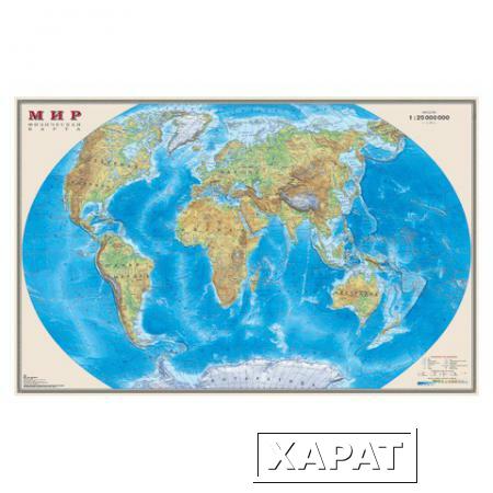 Фото Карта настенная "Мир. Физическая карта", М-1:25 млн., размер 122х79 см, ламинированная