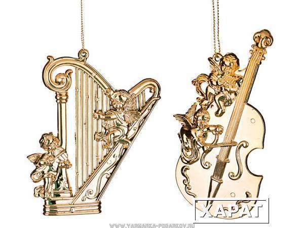 Фото Декоративное изделие скрипка, арфа с херувимами золото 5х1 см высота 11 см .