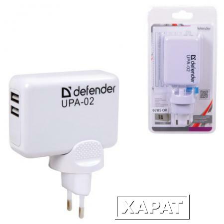 Фото Зарядное устройство сетевое (220 В) DEFENDER UPA-02, 2 порта USB, выходной ток 1 А / 2 А, белое, блистер