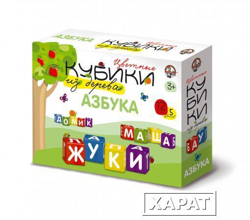 Фото Деревянные кубики "Азбука"(Набор деревянных кубиков. 12 штук 5 цветов с закругленными углами.Белые буквы на разноцветных кубиках.)