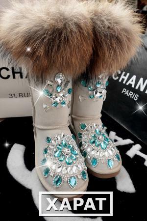 Фото Старинный роскошный стразами полный Алмаз драгоценный камень уличной моды Тотем Лисий Мех Кожа кожа высокие снега сапоги Женская обувь