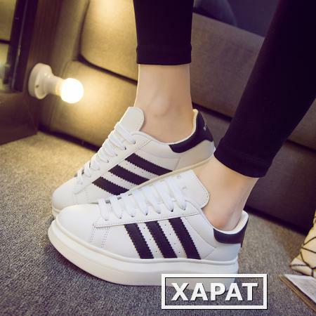 Фото Тапки женщин весна лето 2015 работает корейской версии новой толстой подошве Повседневная обувь с плоской 3 бар белый платформы обувь