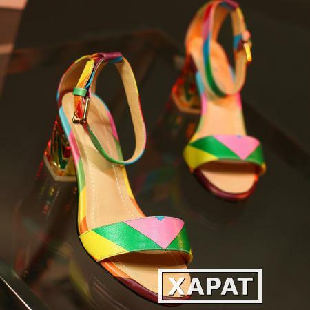 Фото V балджа новый цвет соответствия Rainbow сандалии Женская обувь с кожаной грубой кристалла с сандалиями в летний бум