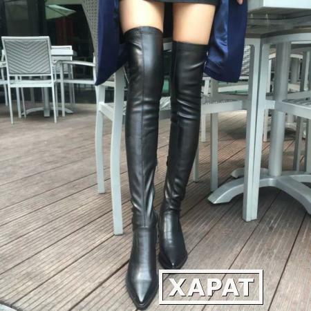 Фото 2016 Европейская весна и осень новый стиль грубо с заостренными колено сапоги Сапоги женские, тонкие ноги в Европе рыцарь растянуть сапоги