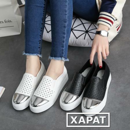 Фото Летние туфли с платформы педали корейской версии полых белый холст обувь женщин ленивый Лок Фу Обувь повседневная обувь женская обувь