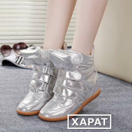 Фото Золото приносит освежения и корейский спорта прилив увеличилась в высокой помощи обувь Плоский глянцевый золото серебро липучки обувь