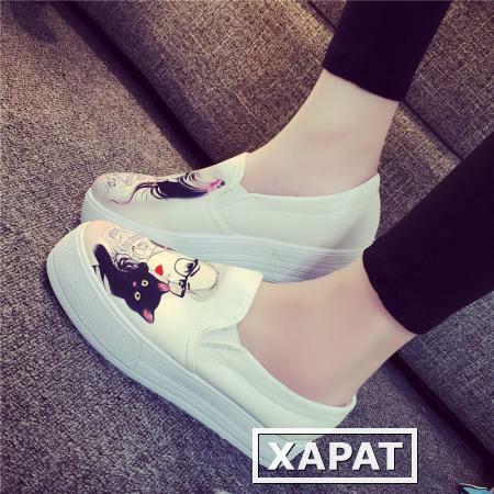 Фото Осень 2015 белый холст обувь женщин платформы педали ленивый увеличивает студент обувь женщин Обувь повседневная обувь