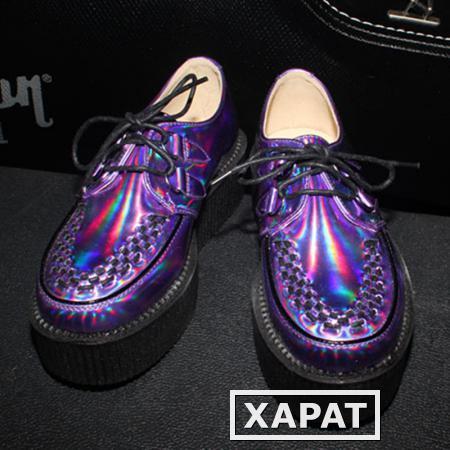 Фото Новый лазерный оптический элемент платформы обувь Фиолетовый лакированная кожа плюс размер мужчин и женщин Harajuku любителей обувь