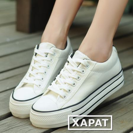 Фото -Осенью 2015 года летом Корейский низкий белый холст обувь женщины с плоским дном, толстой подошве платформа студент Обувь Белый Обувь