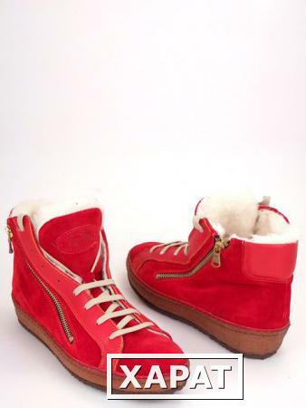 Фото Joyks Красные кожаные сникеры на шнуровке и молнии на белом мутоне JOYKS