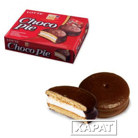 Фото Печенье LOTTE "Choco Pie" ("Чоко Пай"), прослоенное, глазированное, в картонной упаковке, 336 г (12 штук х 28 г)