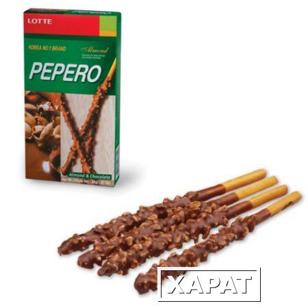 Фото Печенье-соломка LOTTE "Pepero Almond", с шоколадной начинкой, в картонной упаковке, 36 г