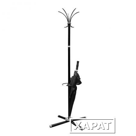 Фото Вешалка-стойка, металлическая, 1,8 м, крестовина 70х70 см, 5 крючков + место для зонтов, черная